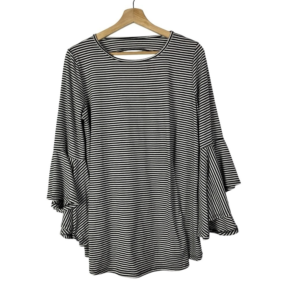 Boutique‎ MTS Black & White Stripe Bell Long Sleeve Top L